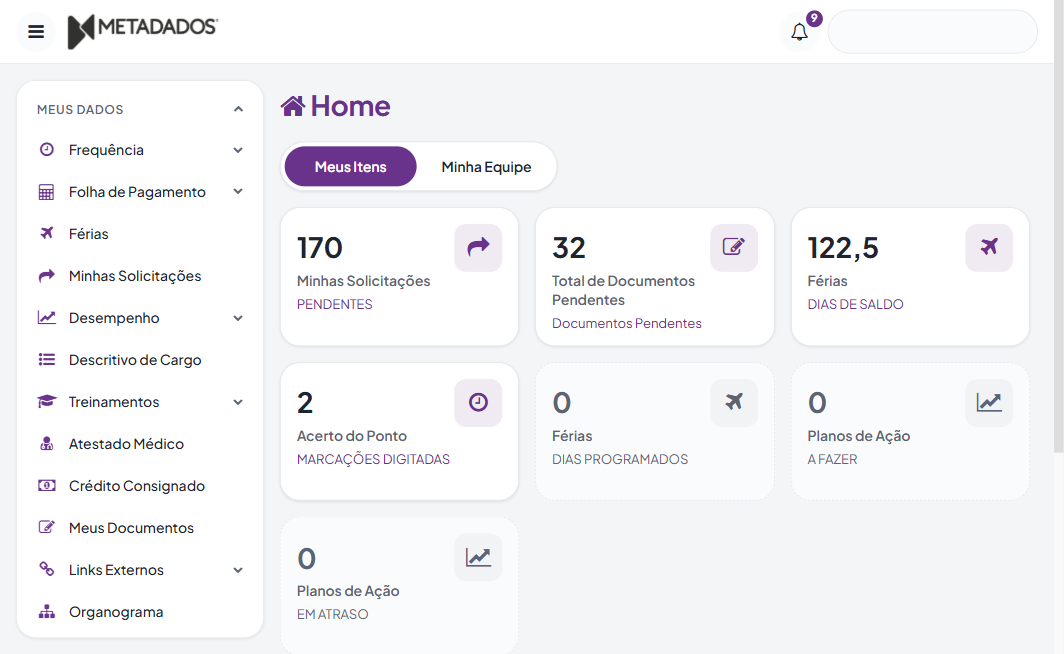 Página inicial no visual novo, com cards arredondados, ícones em quadros suaves, indicadores zerados apagados e menu lateral num painel arredondado